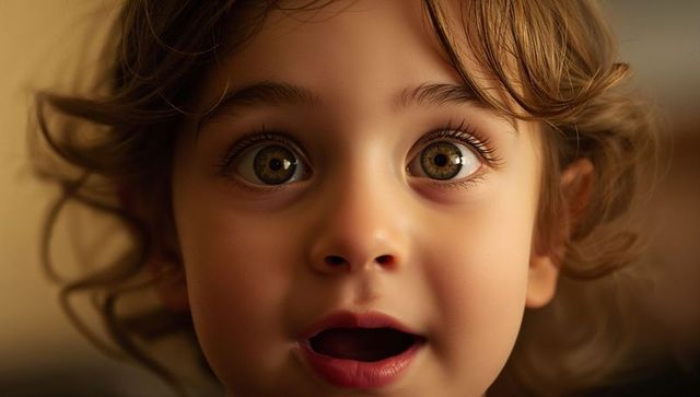 Wide-eyed curly-haired toddler portrait bathed in warm golden light, expressing wonder