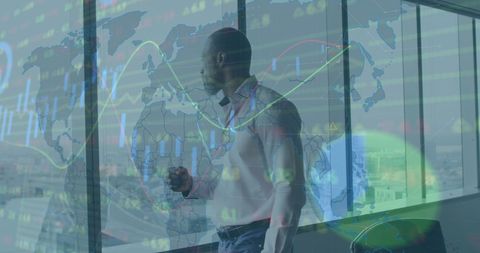 Businessman Analyzing Global Market Data with City View