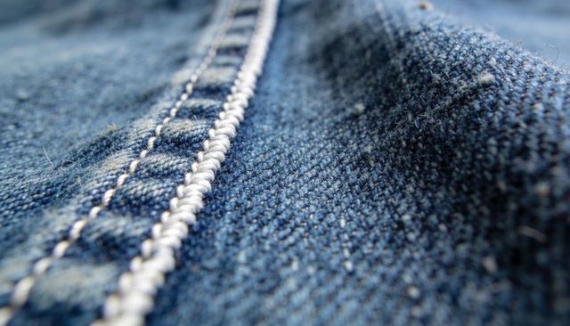 Macro denim seam showing raised twin-row white stitching on indigo twill weave texture
