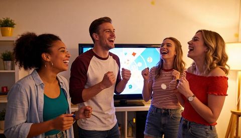 Friends cheering while playing tv party game in cozy living room during game night
