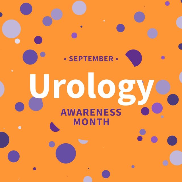 Illustration of september and urology awareness month text with purple dots on orange background. Copy space, vector, urological disease, cancer, support, awareness, healthcare and prevention.