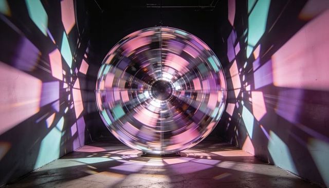 Rotating mirrored disc casting pastel kaleidoscope lights across dark gallery walls