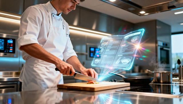 Chef chopping vegetables using holographic recipe display in modern commercial kitchen