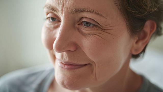 Closeup portrait serene senior woman showing natural wrinkles and gentle smile, soft light
