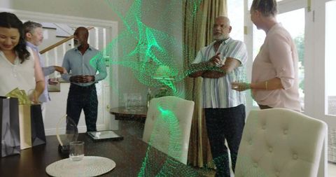 Multigenerational gathering with holographic data overlay in casual dining conversation
