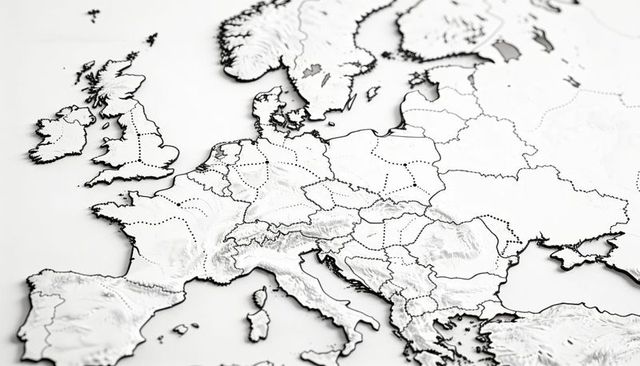 Embossed relief map of europe with dotted borders on light table, monochrome topography