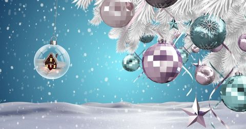 Festive Christmas Ornaments With Falling Snow on Blue Background