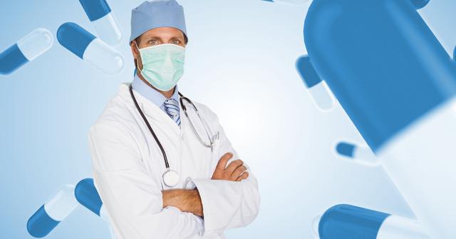 This image depicts a confident surgeon standing with arms crossed against a medical background featuring pills. It is ideal for use in healthcare-related content, medical websites, hospital brochures, and pharmaceutical advertisements. The image conveys professionalism, trust, and expertise in the medical field.