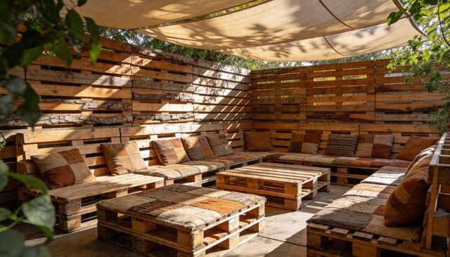 Rustic pallet lounge creating cozy outdoor garden seating with patchwork cushions, shade sail