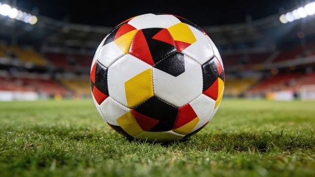 Multicolor soccer ball closeup resting on trimmed grass under stadium floodlights at night