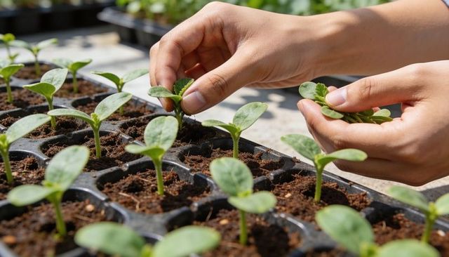 Hands transplanting seedlings in propagation tray nurturing green sprouts for greenhouse