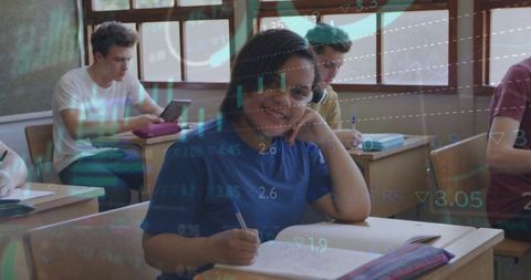 Smiling student in classroom with holographic data overlay