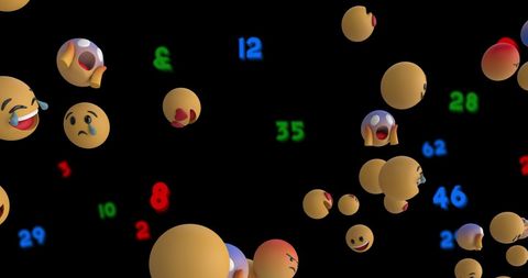 Floating emojis and colorful numbers on black background