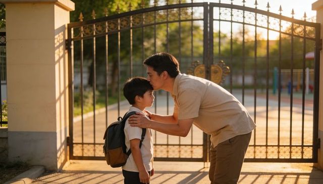 Father kissing son goodbye at school gate during morning drop-off