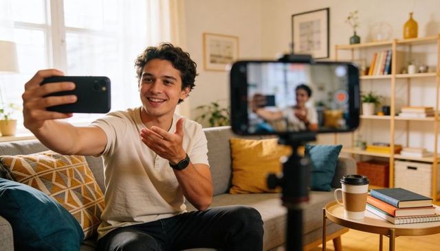 Young man recording vlog at home, smiling and talking to camera in cozy living room