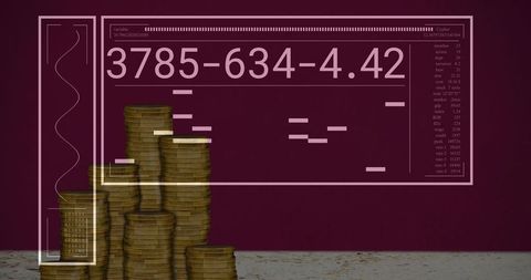 Stacked coins with digital finance HUD overlay on maroon background for data visualization