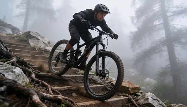 Male mountain biker descending misty alpine trail over roots and stone steps