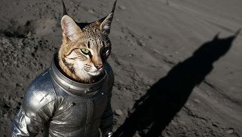 Tufted tabby feline wearing reflective spacesuit collar exploring lunar plain