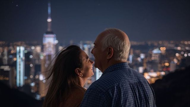 Mature couple gazing at illuminated city skyline from rooftop at night