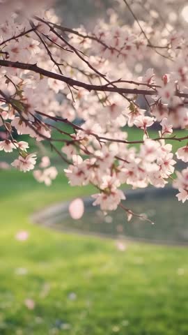 Swaying cherry blossom branch shedding petals over pond in spring vertical video soft bokeh