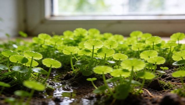 Backlit circular seedlings sprouting on moist mossy soil along sunlit windowsill