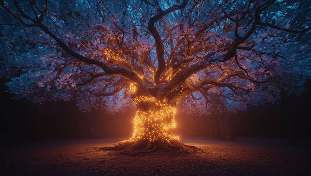 Fairy lights adorn majestic tree in enchanted forest twilight