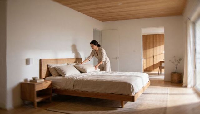 Woman arranging pillows on wooden bed in sunlit minimalist bedroom with neutral linens