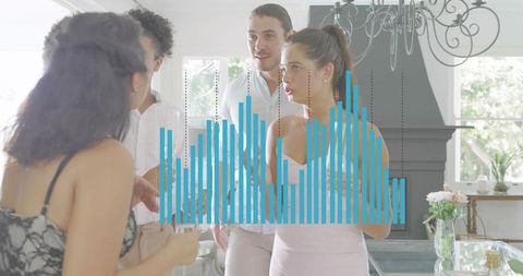 Young adults socializing at sunlit house party with blue bar chart overlay