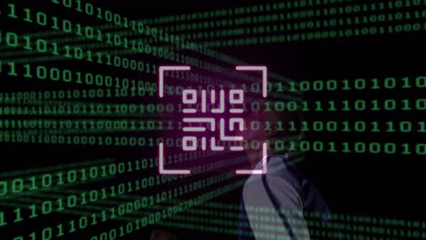 Binary Code Overlay on Athlete with Neon QR Technology Concept