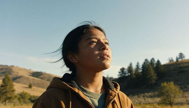 Young woman gazing skyward in sunlit meadow at golden hour, contemplative outdoor portrait