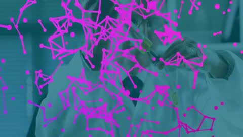 Senior Scientist in Research Lab Analyzing Yellow Liquid with Tech Network Overlay