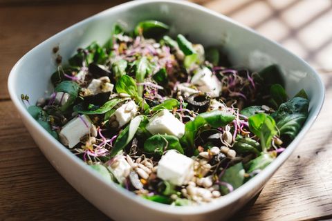 Fresh Spinach and Feta Salad with Sprouts, Black Olives and Sunflower Seeds