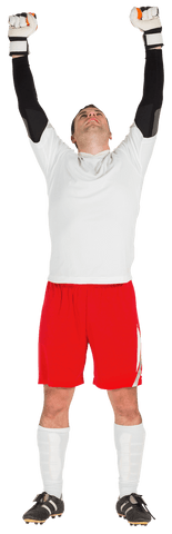 Transparent victory cheer by soccer goalkeeper in red and white gear
