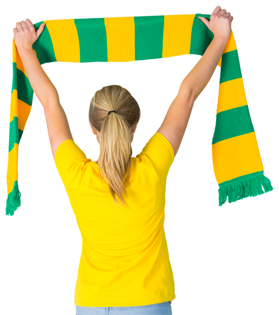 Transparent Excited Female Fan in Yellow Shirt Holding Sports Scarf Overhead - Download Free Stock Videos Pikwizard.com