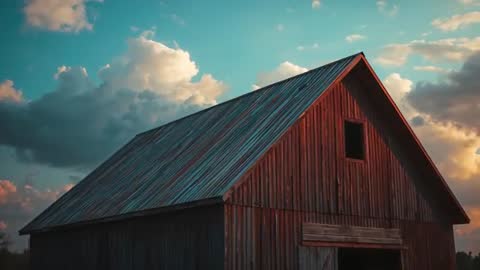 Golden Hour Illuminated Barn in Tranquil Countryside