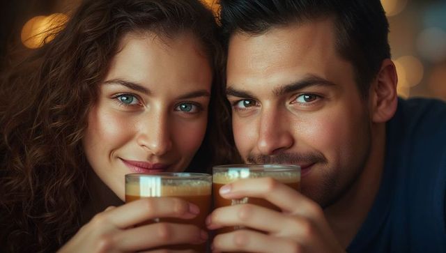 Couple Enjoying Evening Coffee Together in Cozy Cafe