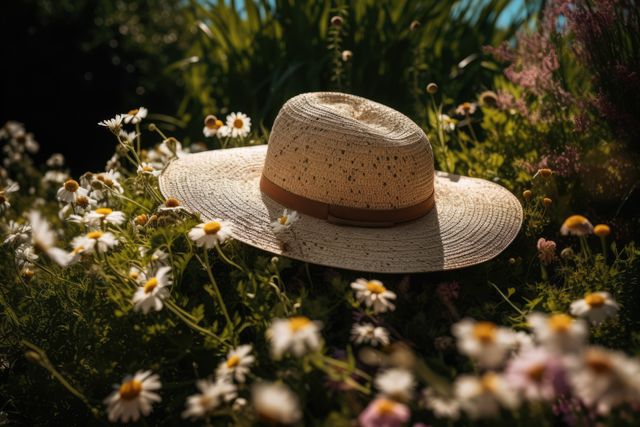 Straw hat resting on daisies among blooming wildflowers in sunny summer garden. Ideal for themes of relaxation, nature, summer, gardening, and tranquility. Perfect for use in advertisements, travel blogs, garden design pieces, and nature inspired projects.