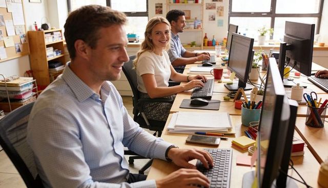 Smiling team working at shared open-plan desk typing on desktop monitors