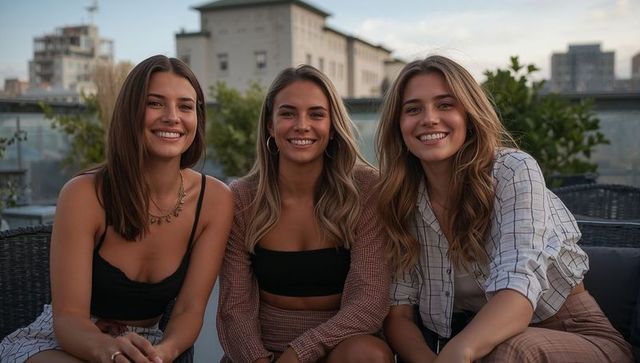 Smiling women sitting on rooftop terrace wearing casual summer styles, urban friends