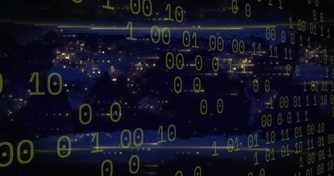 Binary code overlaid on digital world map