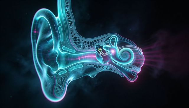 Neon 3d ear cross-section glowing cyan cochlea, ossicles and canal medical illustration