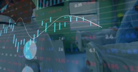 Medical staff reviewing financial market charts over patient ward double exposure