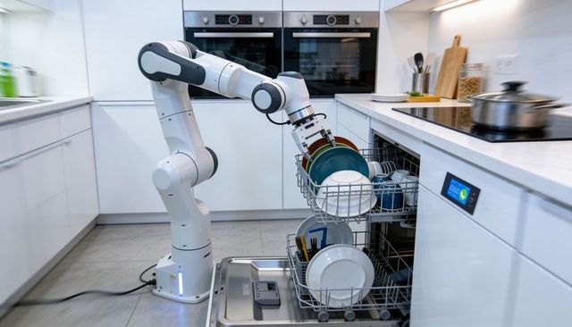 Robotic arm loading dishwasher in modern white kitchen for smart home automation and future kitchens