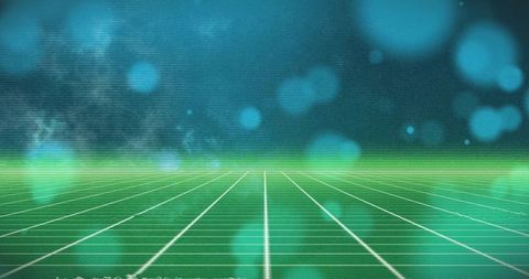 Glowing neon horizon receding over retro wireframe grid evoking synthwave