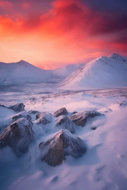 Frozen arctic tundra landscape with red clouds and snow, created using generative ai technology. Scenery, winter and beauty in nature concept digitally generated image.
