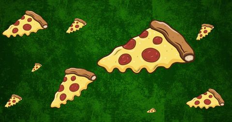 Pepperoni pizza illustrations on vibrant green background