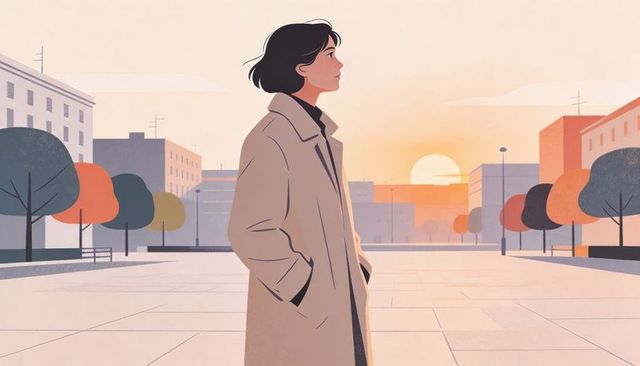 Contemplative woman standing in beige overcoat gazing toward sunset in minimal city square