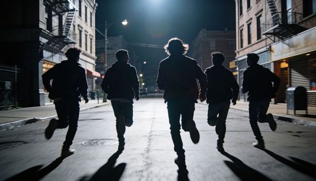 Midnight run friends dashing down backlit urban street with long shadows