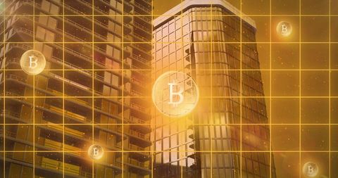 Bitcoin currency over urban skyscrapers depicting digital finance