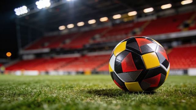 Modern soccer ball resting on floodlit stadium turf with vibrant geometric panels, night match mood